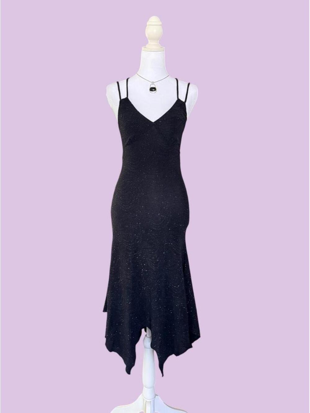 Black sparkly gothic fairy midi dress with adjustable straps and tie back